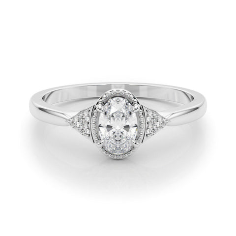 White gold Oval Halo Diamond Ring with Tapered Band and Four-Prong Setting