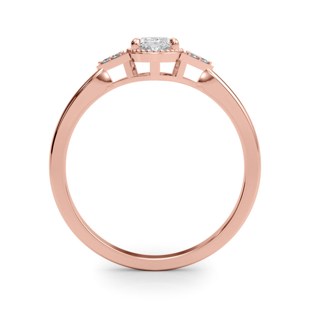 Rose gold Oval Halo Diamond Ring with Tapered Band and Four-Prong Setting