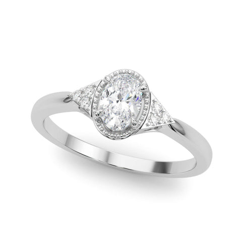 Platinum Oval Halo Diamond Ring with Tapered Band and Four-Prong Setting