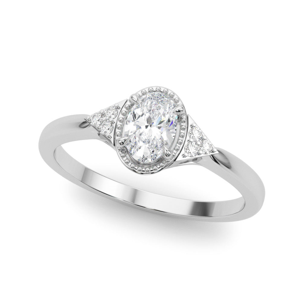 White gold Oval Halo Diamond Ring with Tapered Band and Four-Prong Setting