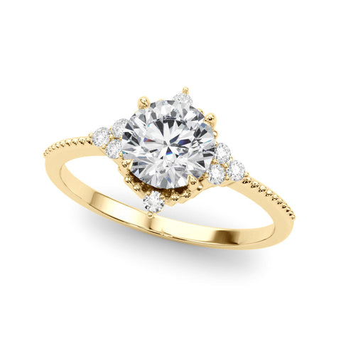 Yellow gold Round Brilliant Diamond with Cluster Setting on a Beaded Band and Four-Prong Setting
