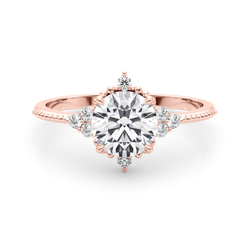 Rose gold Round Brilliant Diamond with Cluster Setting on a Beaded Band and Four-Prong Setting