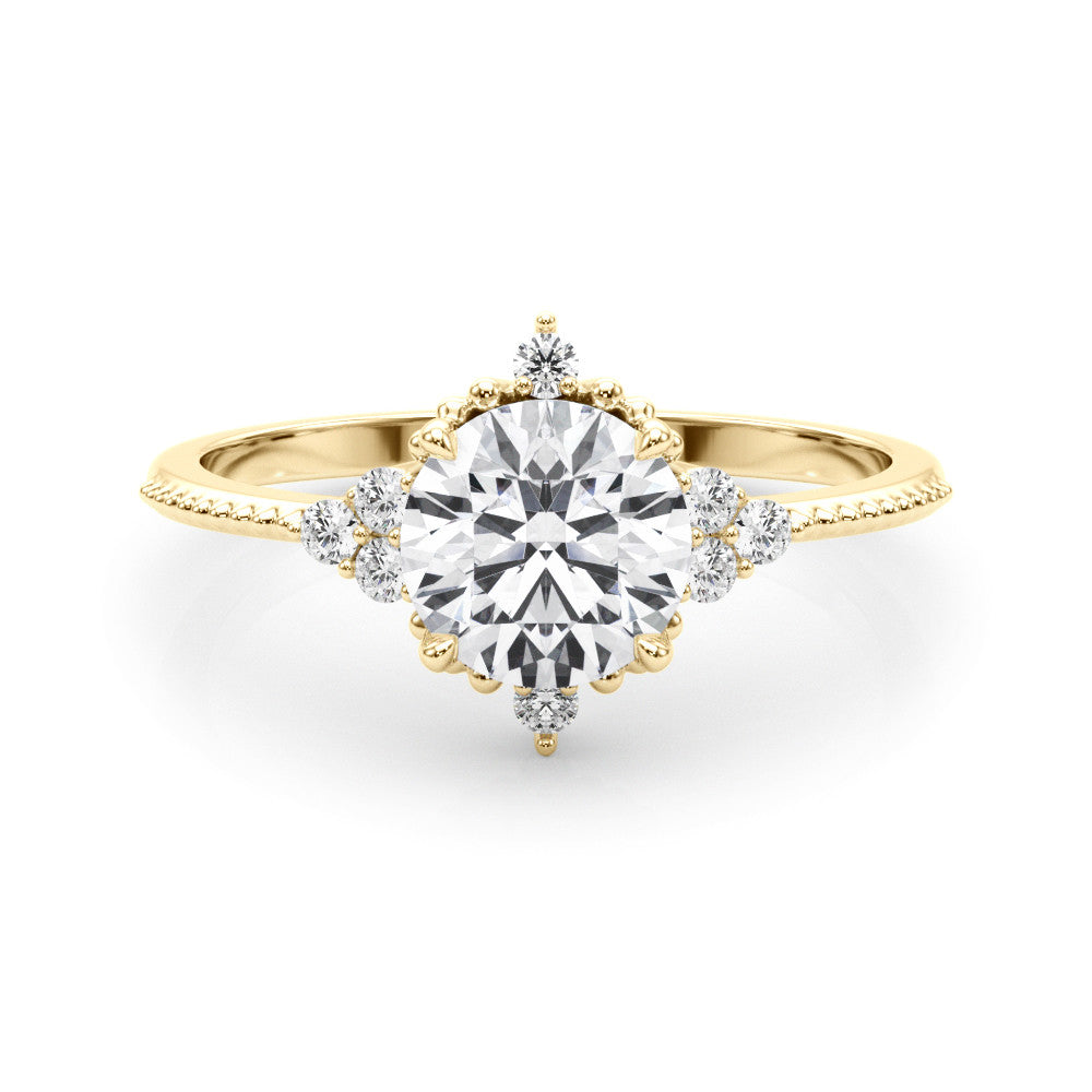 Yellow gold Round Brilliant Diamond with Cluster Setting on a Beaded Band and Four-Prong Setting