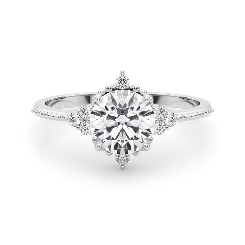 White gold Round Brilliant Diamond with Cluster Setting on a Beaded Band and Four-Prong Setting