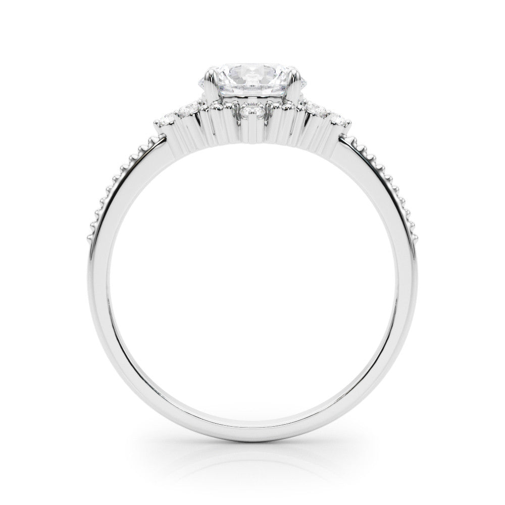 White gold Round Brilliant Diamond with Cluster Setting on a Beaded Band and Four-Prong Setting