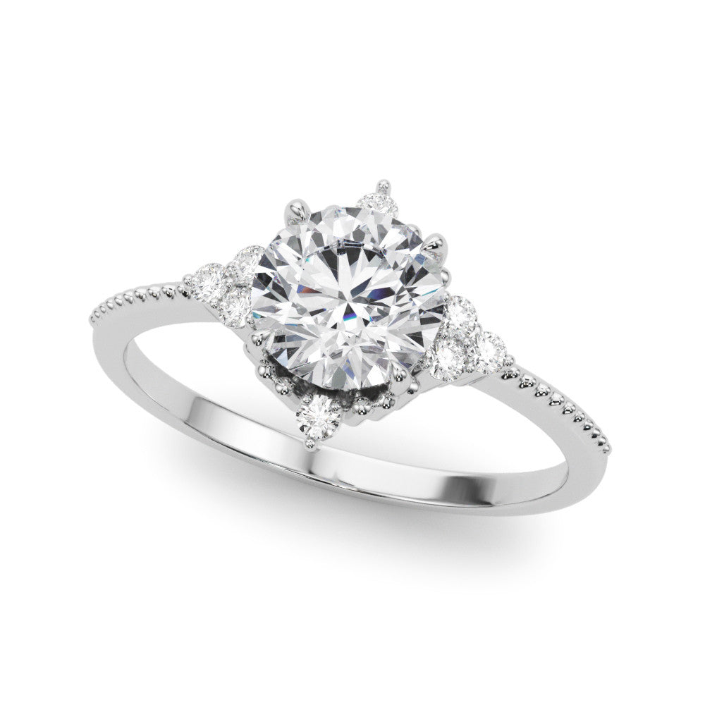 Silver Round Brilliant Diamond with Cluster Setting on a Beaded Band and Four-Prong Setting
