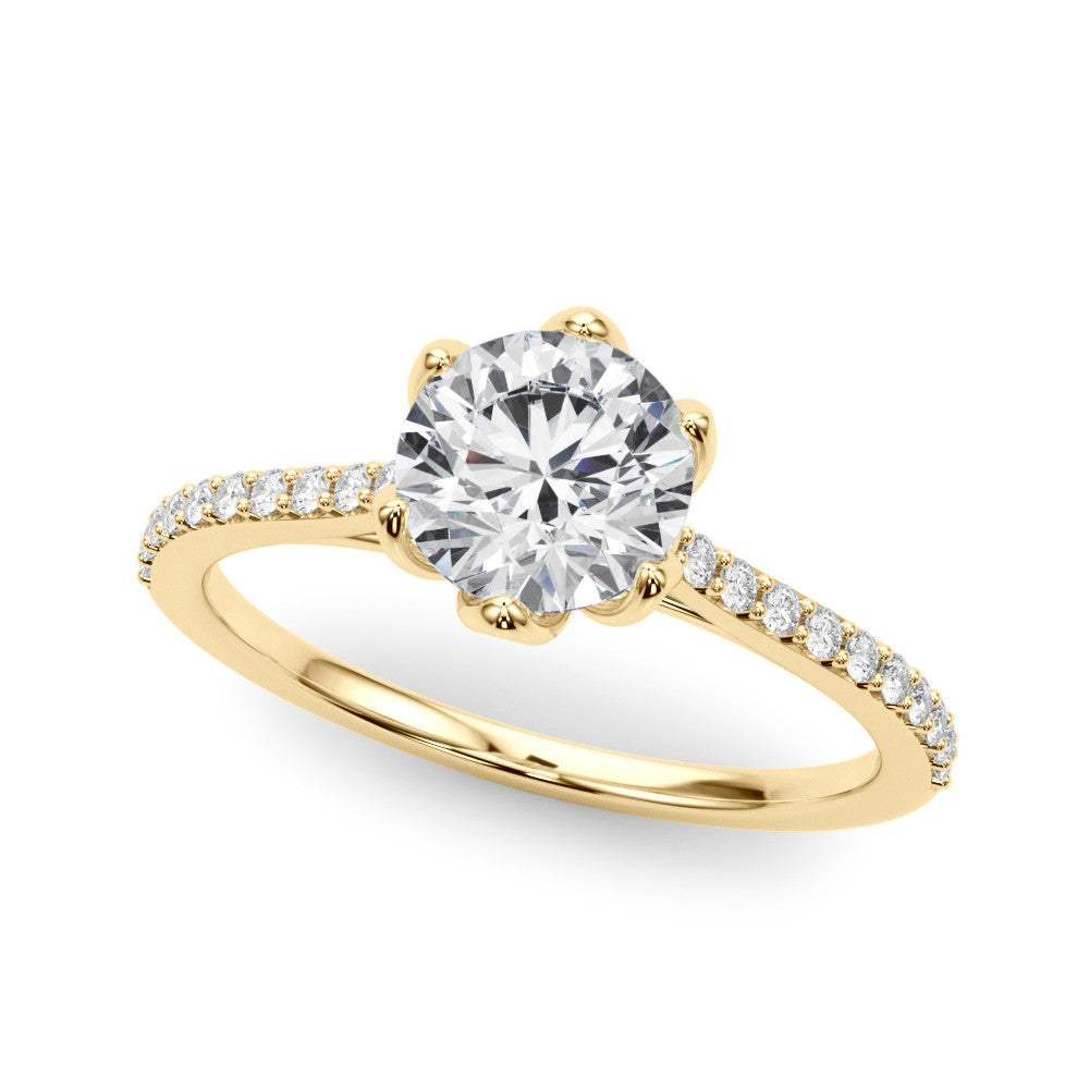 Yellow gold Princess Solitaire Diamond Engagement Ring with Pave Band and Six-Prong Setting