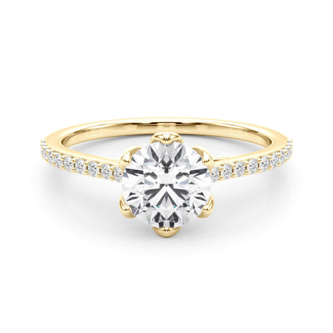 Yellow gold Round Solitaire Diamond Engagement Ring with Pave Band and Six-Prong Setting
