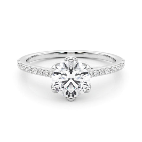 Silver Princess Solitaire Diamond Engagement Ring with Pave Band and Six-Prong Setting