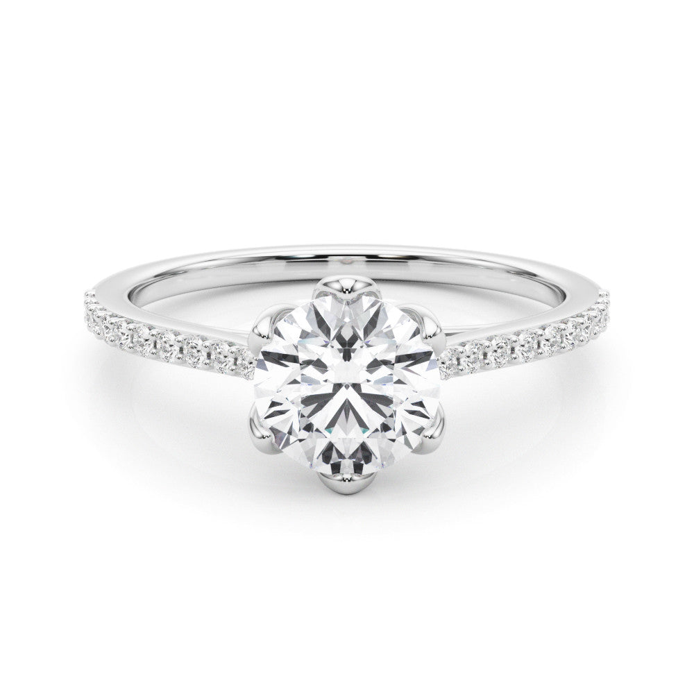 Platinum Radiant Solitaire Diamond Engagement Ring with Pave Band and Six-Prong Setting