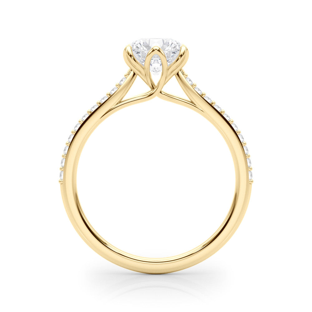 Yellow gold Pear Solitaire Diamond Engagement Ring with Pave Band and Six-Prong Setting