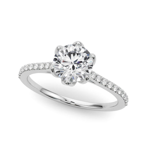White gold Cushion Solitaire Diamond Engagement Ring with Pave Band and Six-Prong Setting