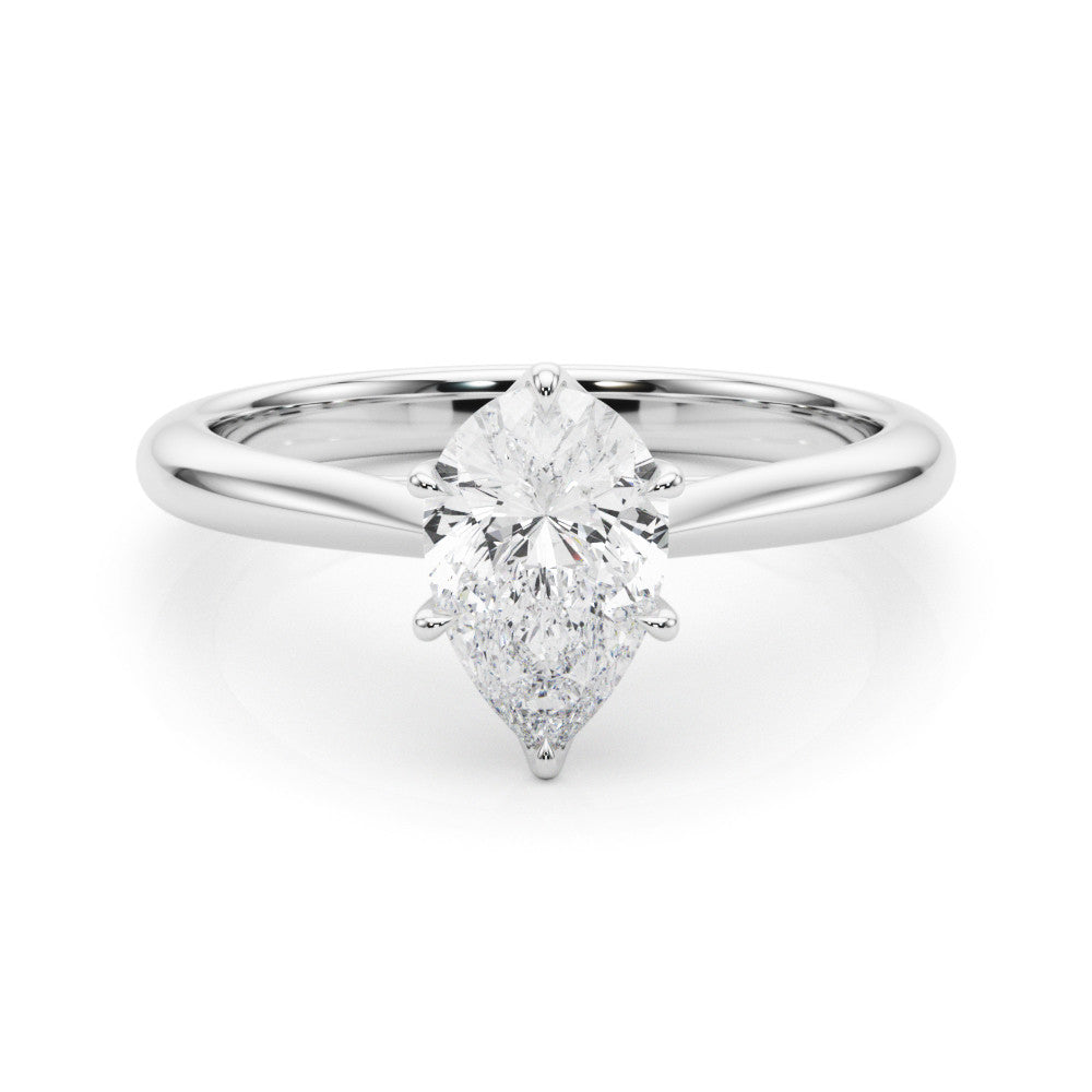 Silver Solitaire Pear Cut Diamond Ring with Tapered Band and Six-Prong Setting