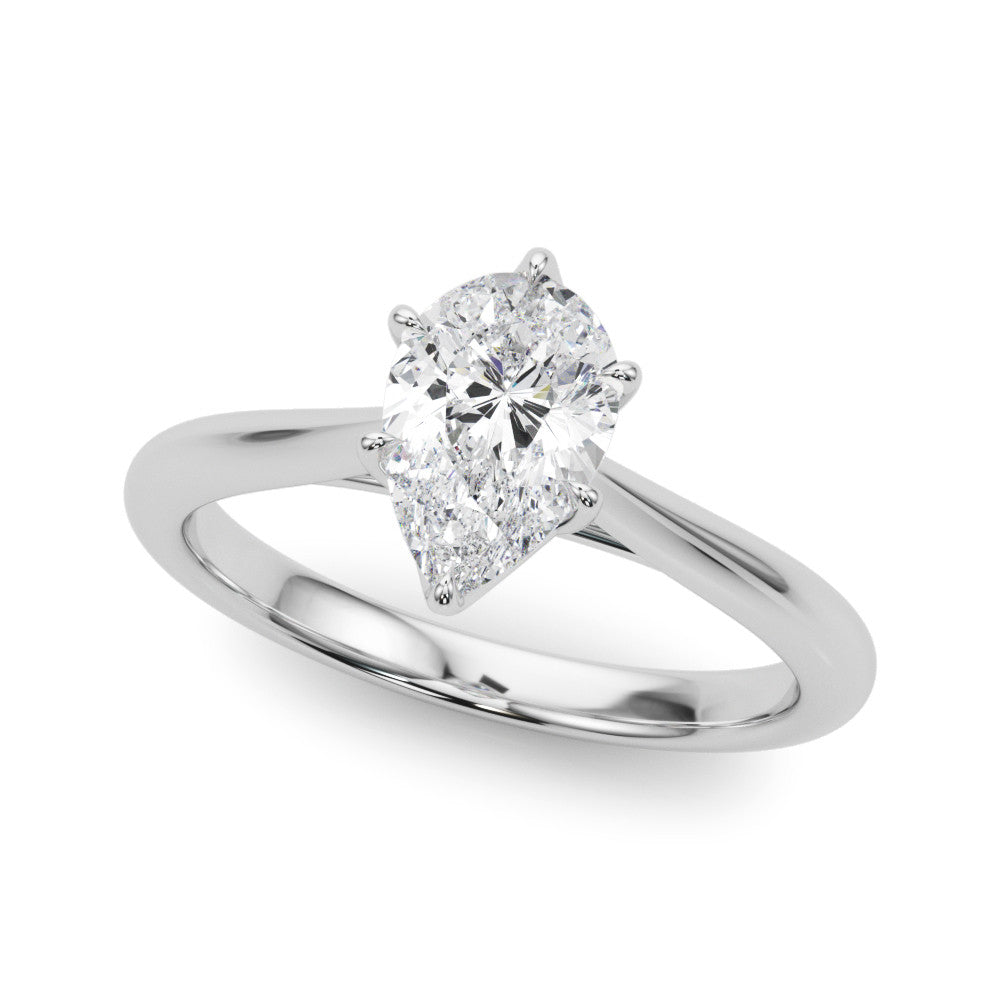 Silver Solitaire Pear Cut Diamond Ring with Tapered Band and Six-Prong Setting