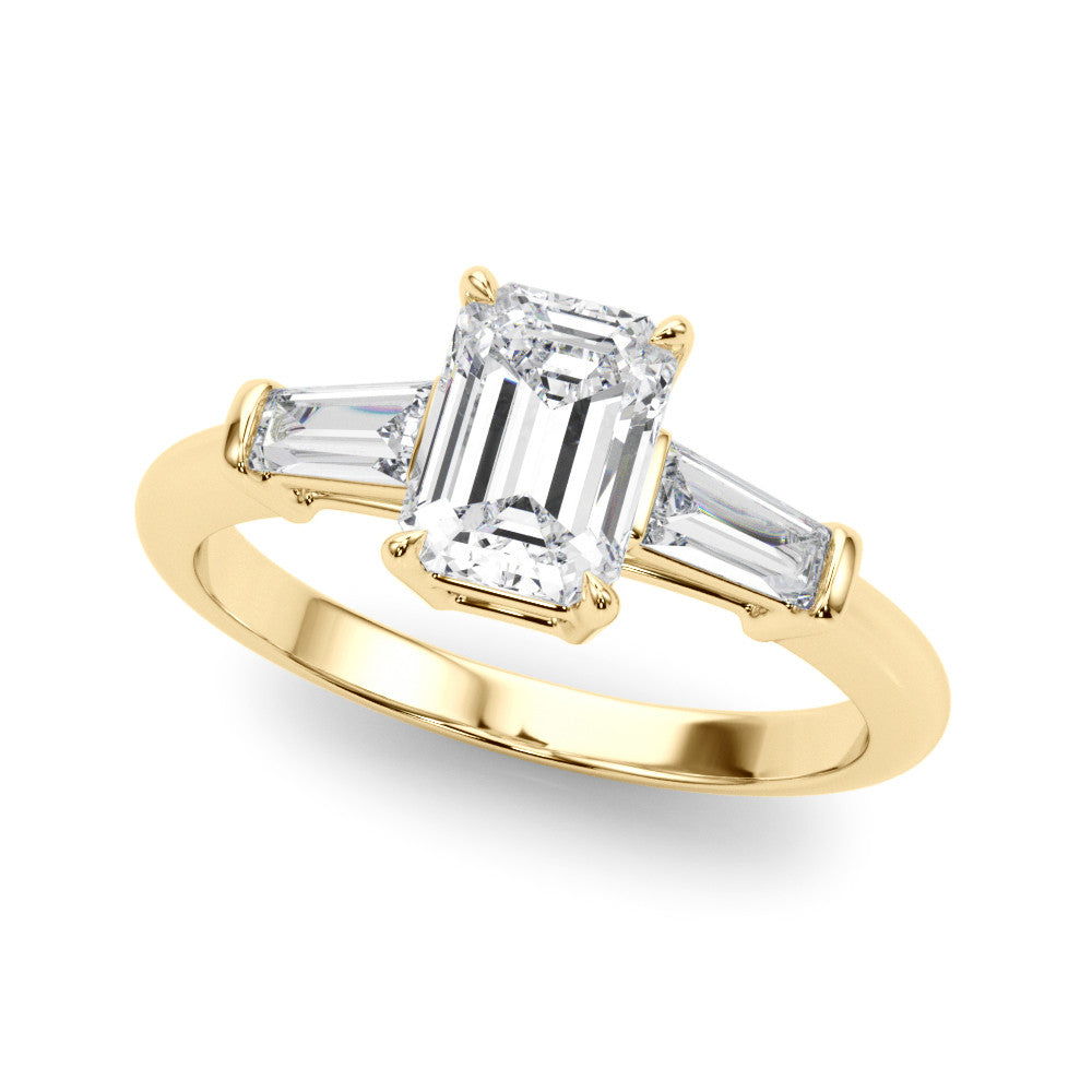 Yellow gold Round Cut Diamond Ring with Tapered Baguette Side Stones on a Platinum Band with Four-Prong Setting