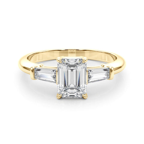 Yellow gold Princess Cut Diamond Ring with Tapered Baguette Side Stones on a Platinum Band with Four-Prong Setting
