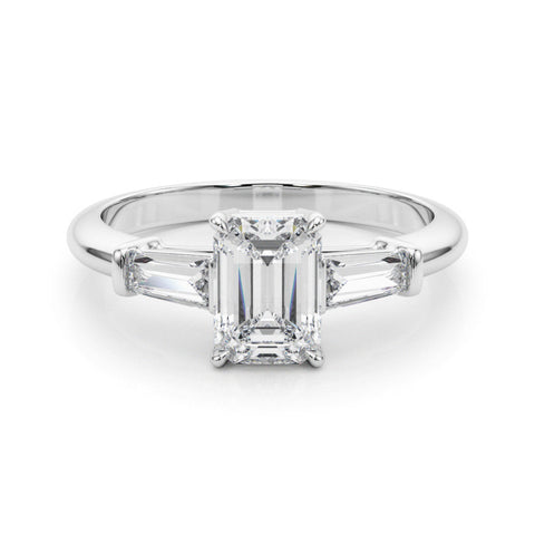 Silver Cushion Cut Diamond Ring with Tapered Baguette Side Stones on a Platinum Band with Four-Prong Setting