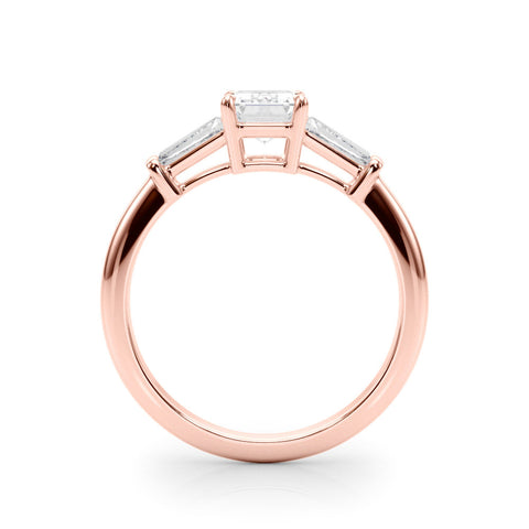 Rose gold Radiant Cut Diamond Ring with Tapered Baguette Side Stones on a Platinum Band with Four-Prong Setting