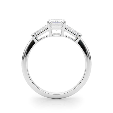 White gold Radiant Cut Diamond Ring with Tapered Baguette Side Stones on a Platinum Band with Four-Prong Setting