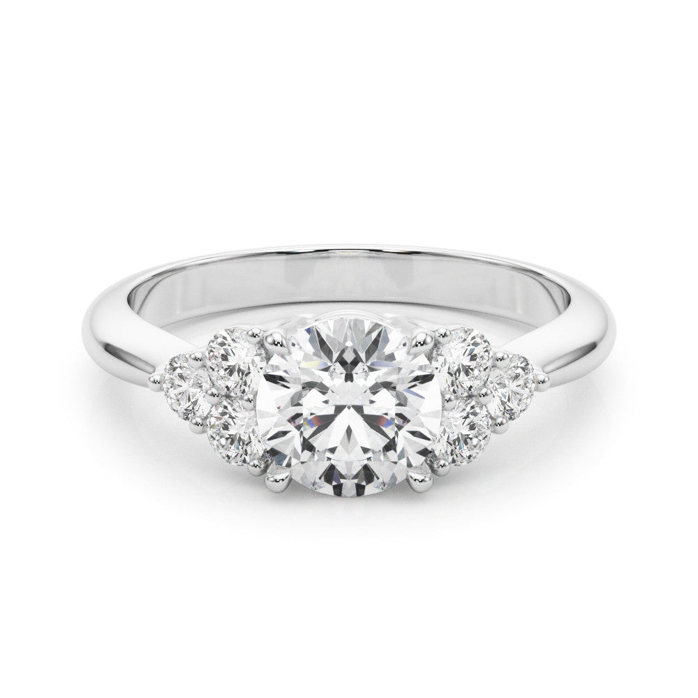 Silver Round Brilliant Diamond Cluster Accent Solitaire Ring with Prong Setting