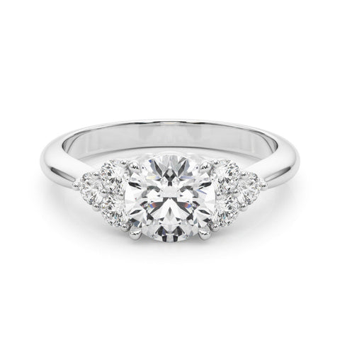 Silver Round Brilliant Diamond Cluster Accent Solitaire Ring with Prong Setting