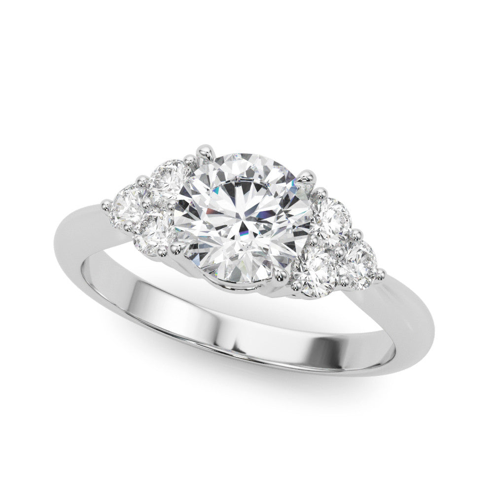 Platinum Round Brilliant Diamond Cluster Accent Solitaire Ring with Prong Setting
