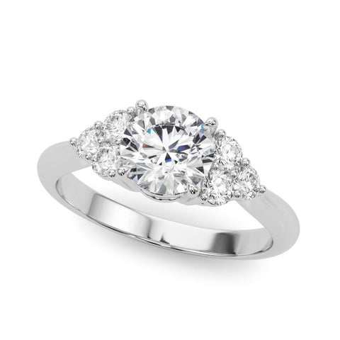 Silver Round Brilliant Diamond Cluster Accent Solitaire Ring with Prong Setting