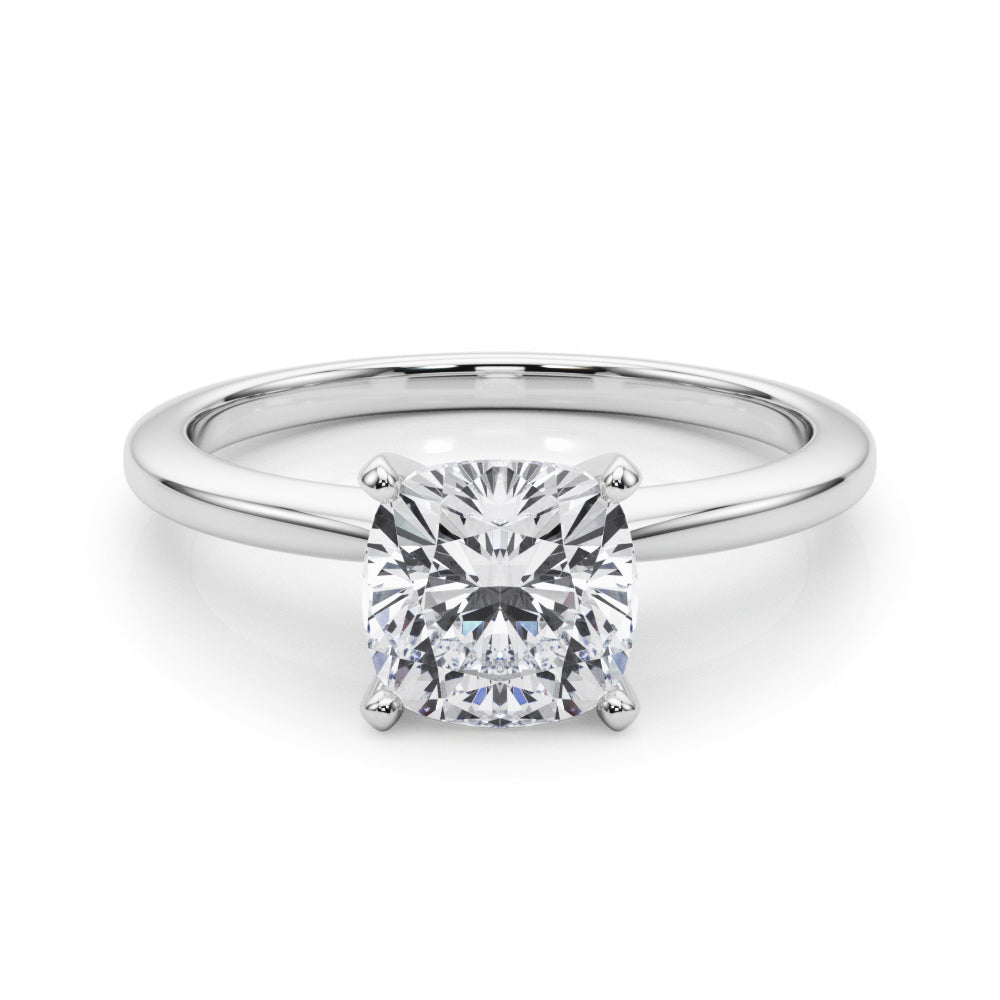 Platinum Cushion Solitaire Engagement Ring with Classic Band and Four-Prong Setting