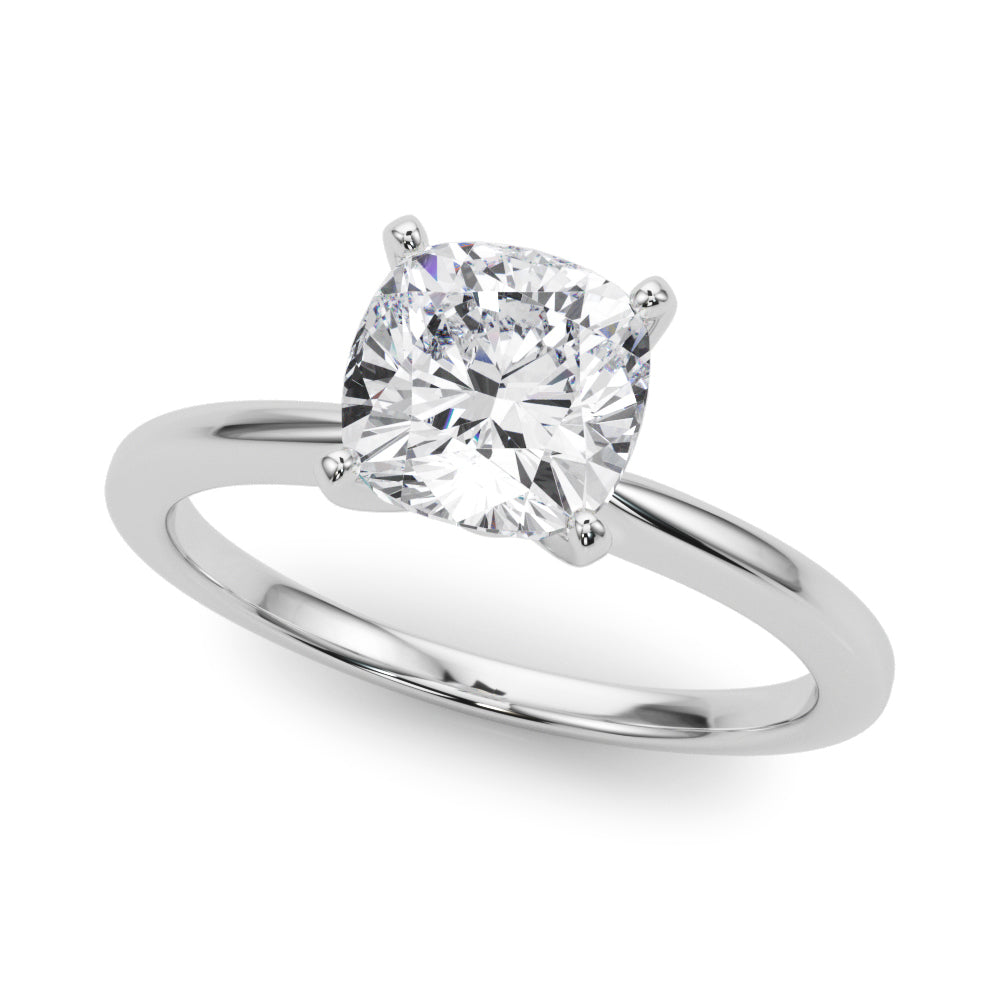 White gold Cushion Solitaire Engagement Ring with Classic Band and Four-Prong Setting