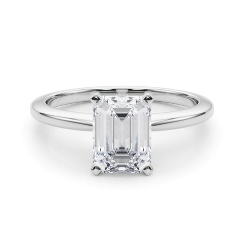 Silver Emerald Solitaire Engagement Ring with Classic Band and Four-Prong Setting