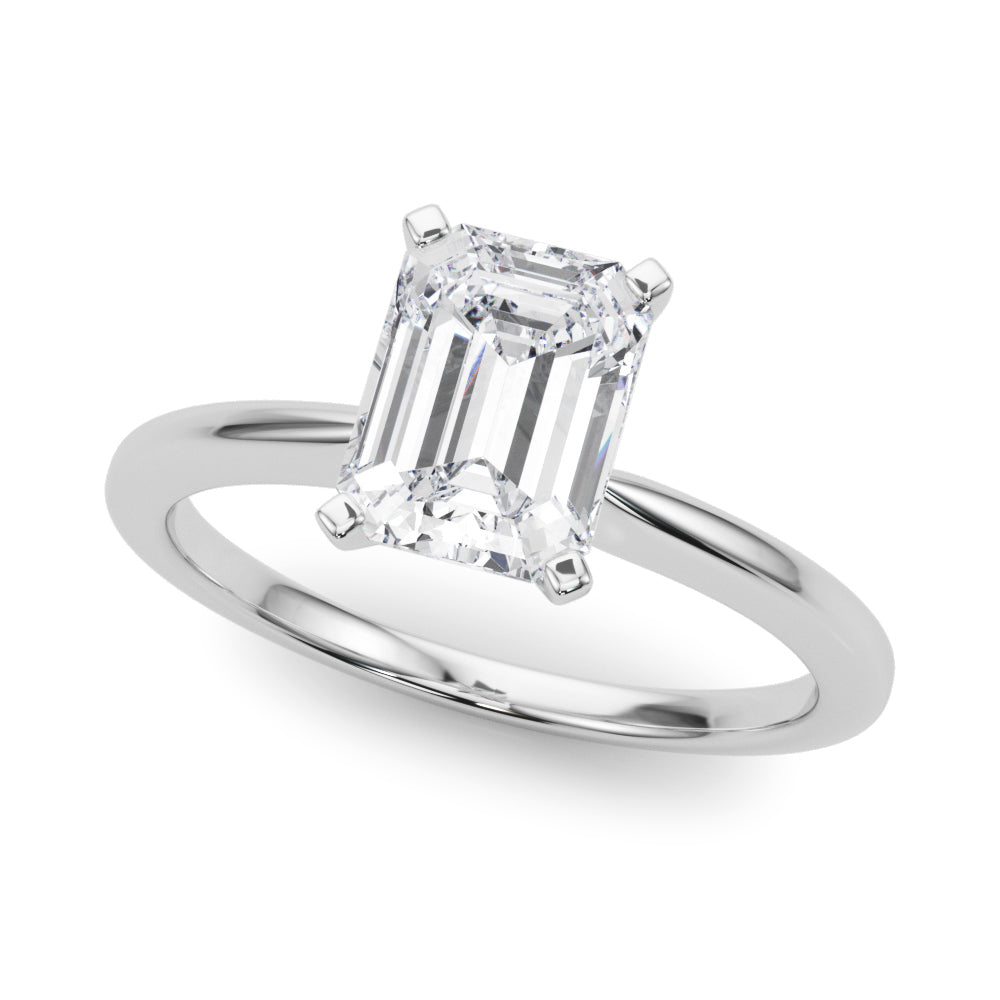 White gold Emerald Solitaire Engagement Ring with Classic Band and Four-Prong Setting