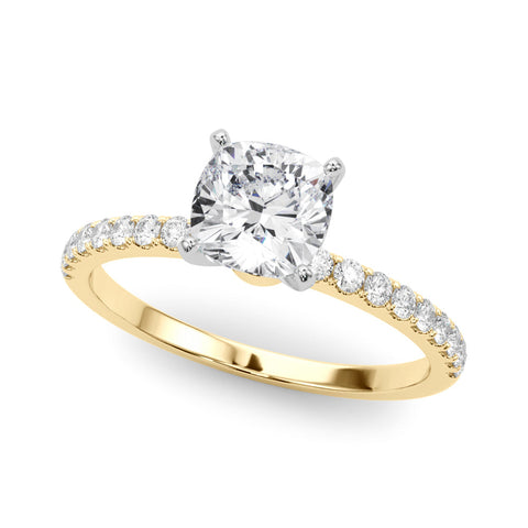 Yellow gold Cushion Solitaire Diamond Pavé Band with Four-Prong Setting
