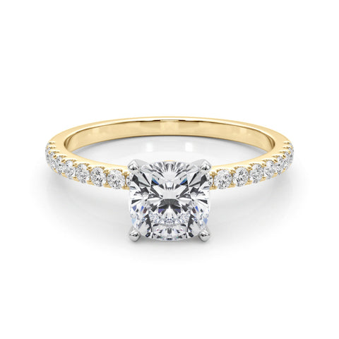 Yellow gold Cushion Solitaire Diamond Pavé Band with Four-Prong Setting