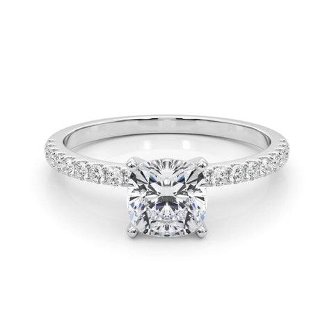 White gold Cushion Solitaire Diamond Pavé Band with Four-Prong Setting