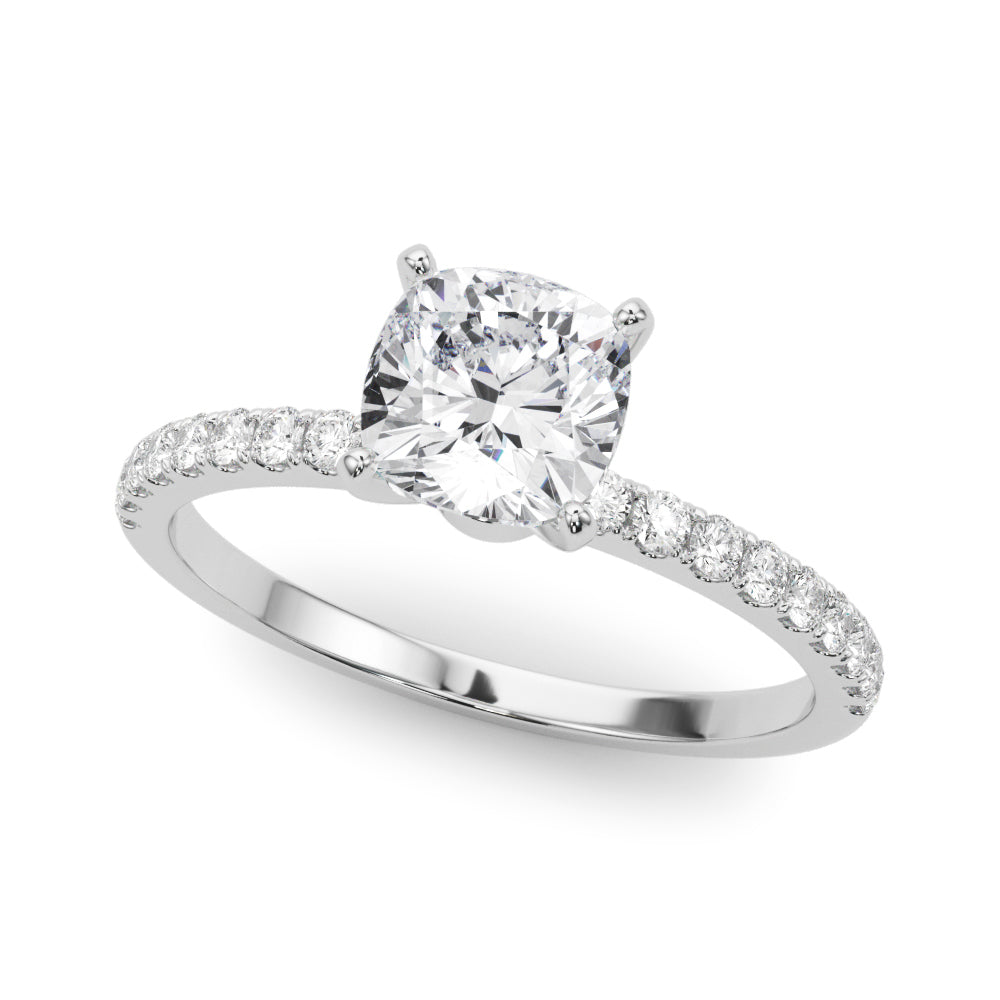 White gold Cushion Solitaire Diamond Pavé Band with Four-Prong Setting