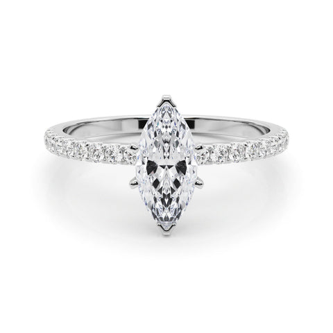 Platinum Marquise Solitaire Diamond Pavé Band with Four-Prong Setting