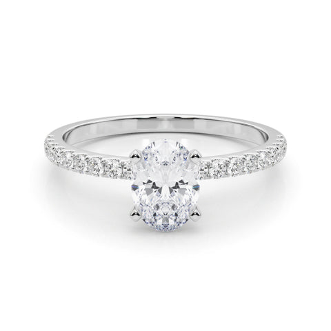 White gold Oval Solitaire Diamond Pavé Band with Four-Prong Setting