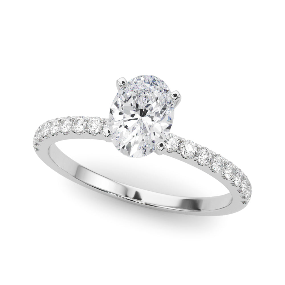 Platinum Oval Solitaire Diamond Pavé Band with Four-Prong Setting