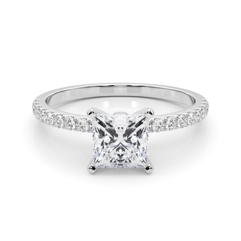 White gold Princess Solitaire Diamond Pavé Band with Four-Prong Setting