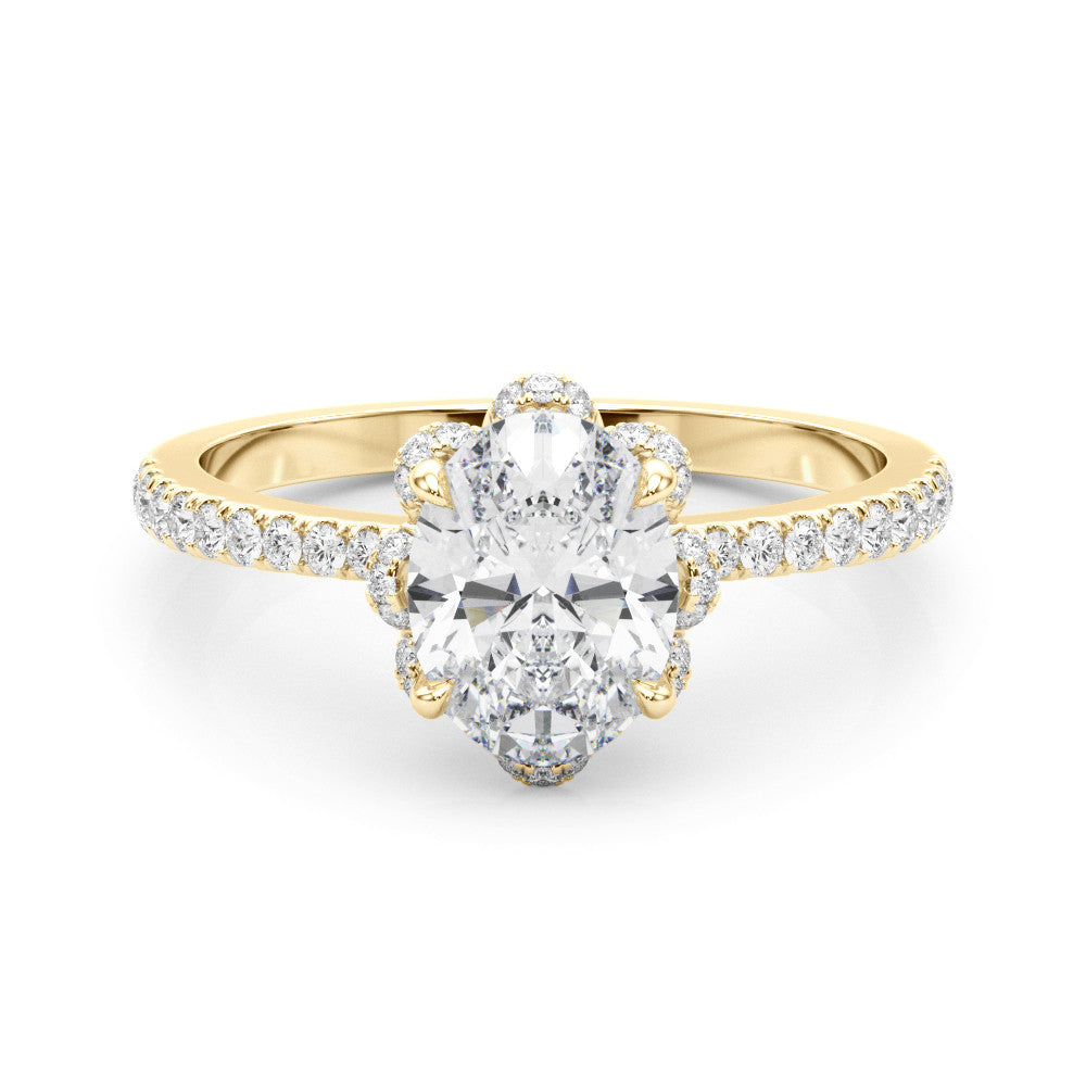 Yellow gold Oval Halo Diamond Pave Band Ring with Four-Prong Setting