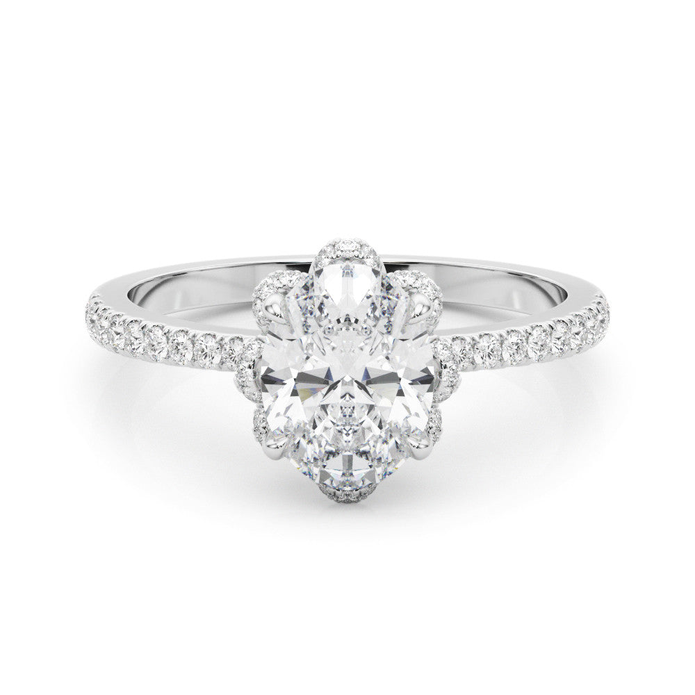 Silver Oval Halo Diamond Pave Band Ring with Four-Prong Setting