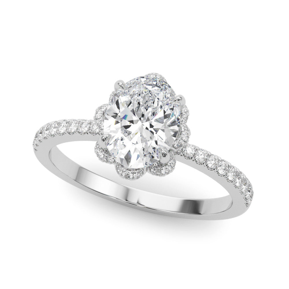 White gold Oval Halo Diamond Pave Band Ring with Four-Prong Setting