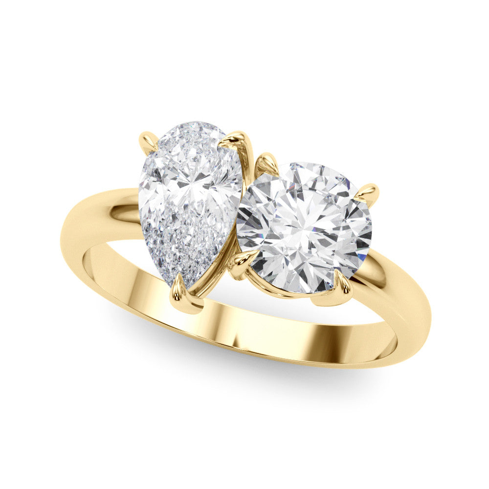 Yellow gold Two-Stone Pear and Round Diamond Bypass Ring with Prong Setting