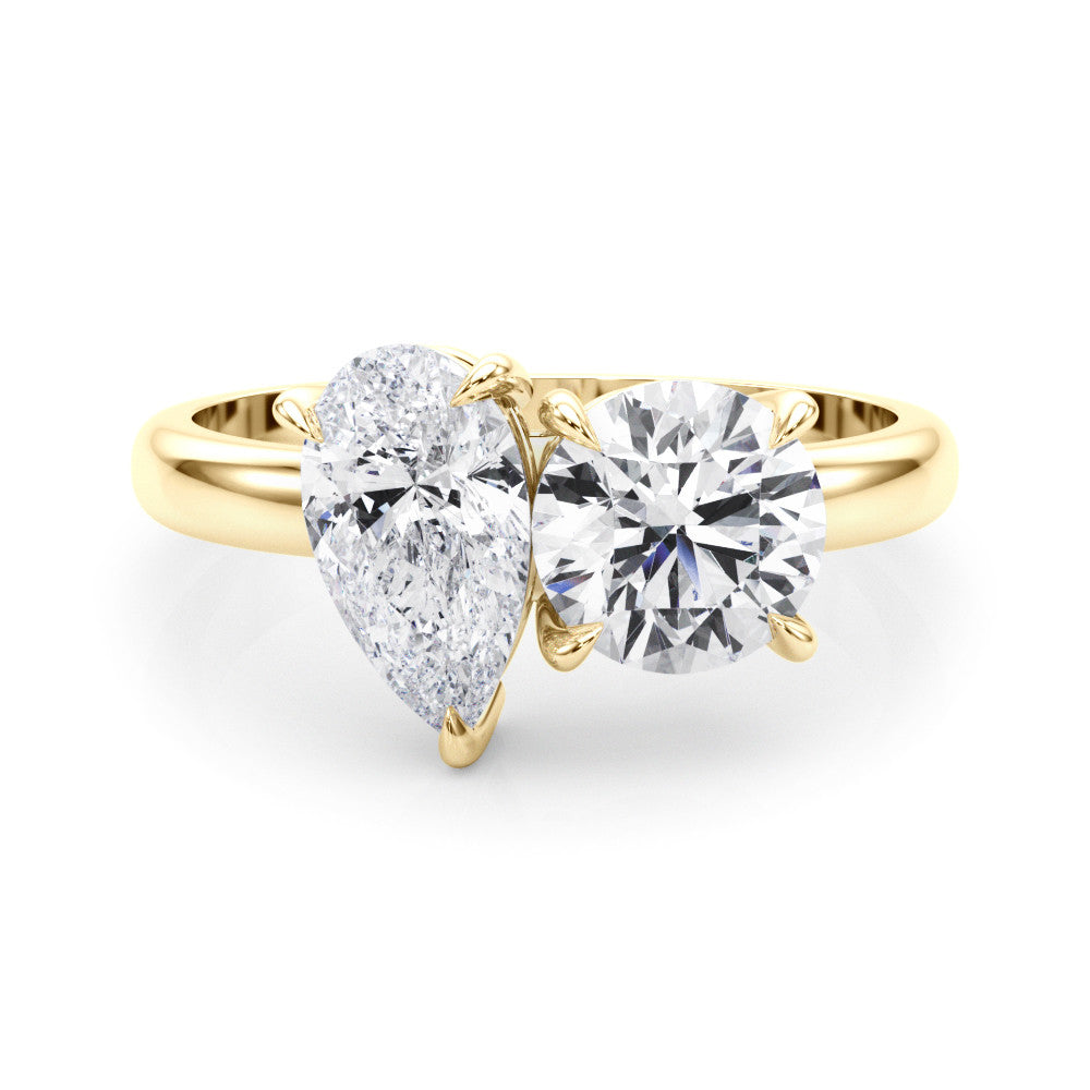 Yellow gold Two-Stone Pear and Round Diamond Bypass Ring with Prong Setting