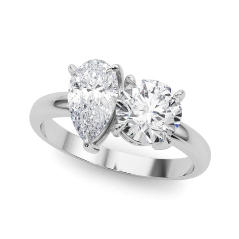 White gold Two-Stone Pear and Round Diamond Bypass Ring with Prong Setting