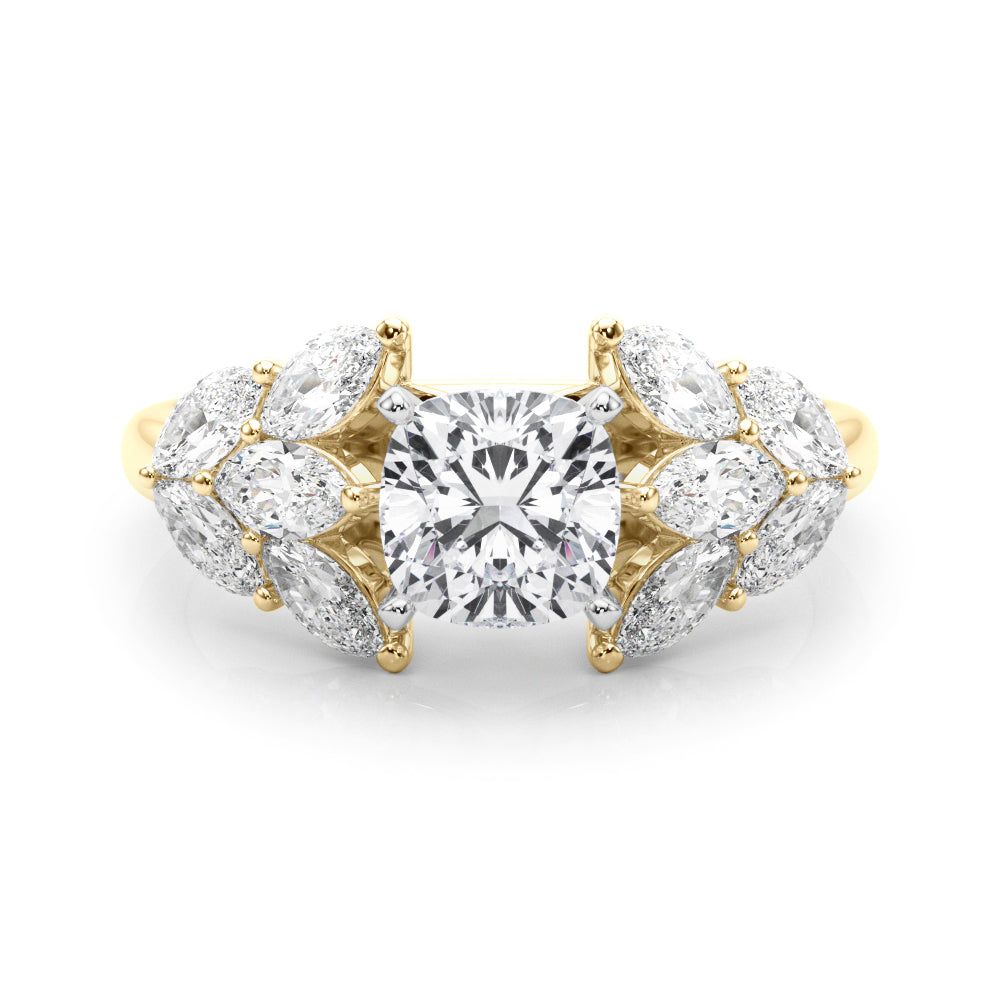Yellow gold Cushion Diamond Cluster Leaf Design Ring with Prong Setting