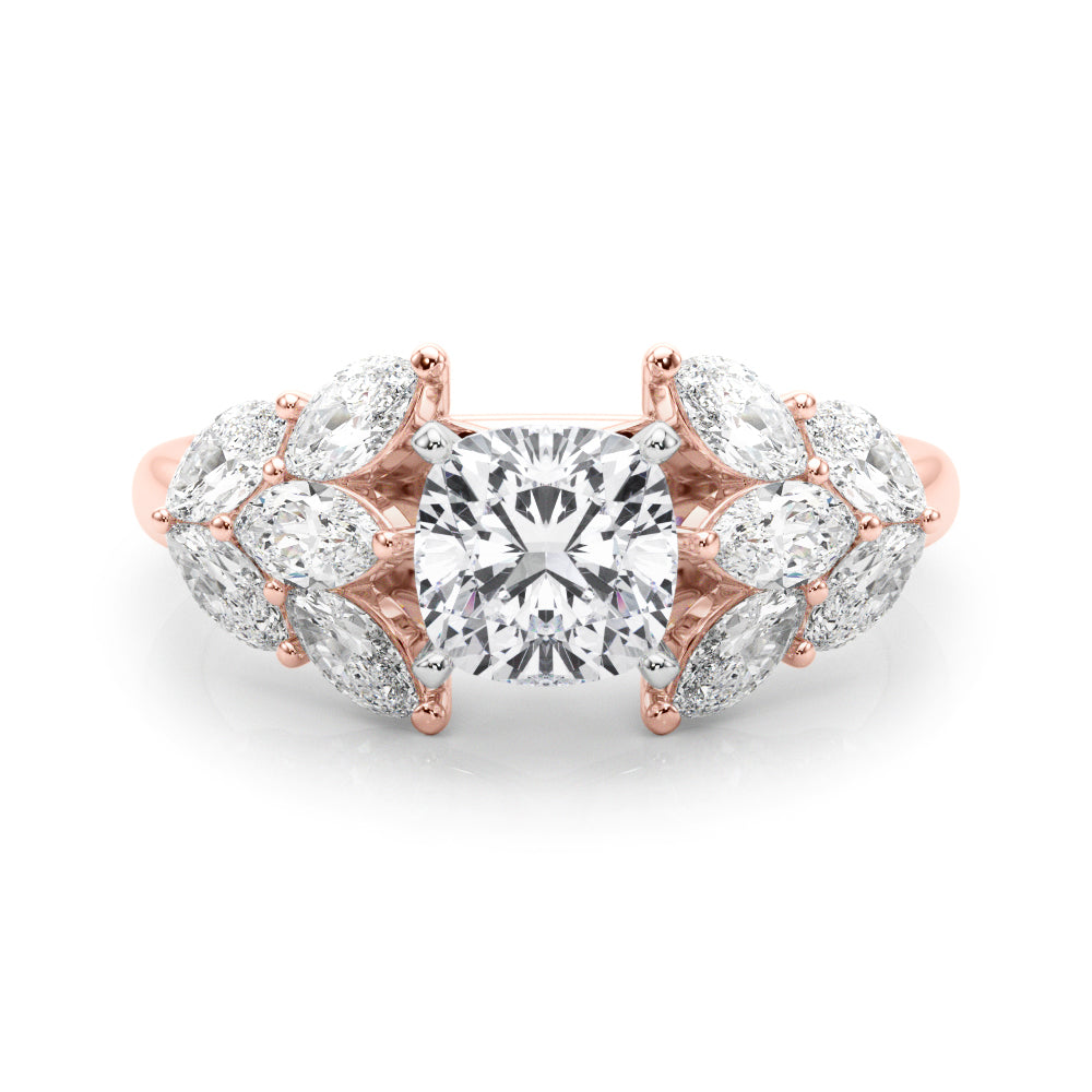 Rose gold Cushion Diamond Cluster Leaf Design Ring with Prong Setting