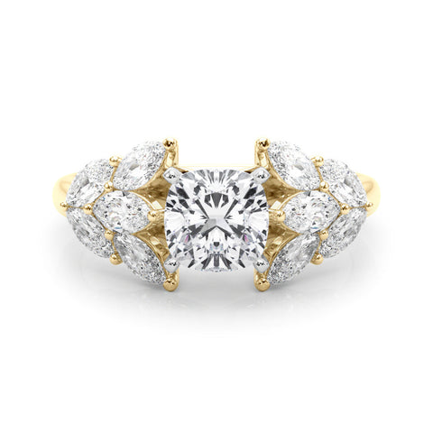 Yellow gold Cushion Diamond Cluster Leaf Design Ring with Prong Setting