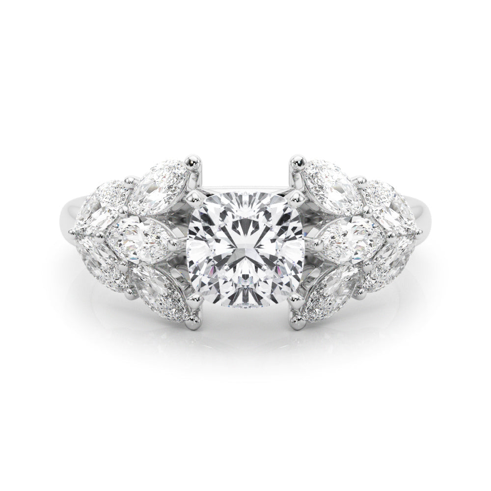 White gold Cushion Diamond Cluster Leaf Design Ring with Prong Setting