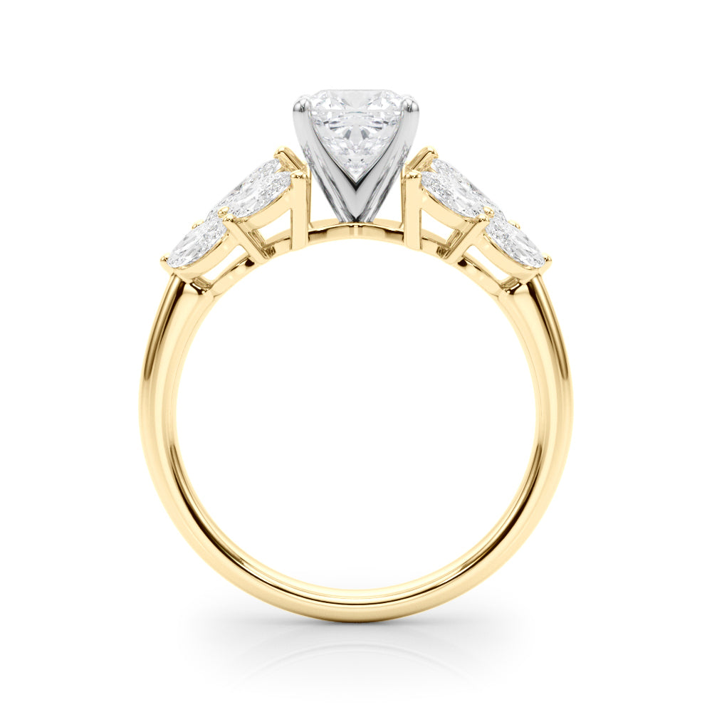 Yellow gold Cushion Diamond Cluster Leaf Design Ring with Prong Setting